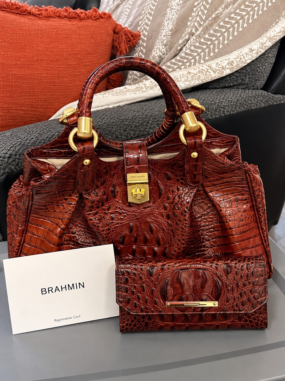 Brahmin Croc-Embossed Satchel and Wallet in Chestnut Red-Brown